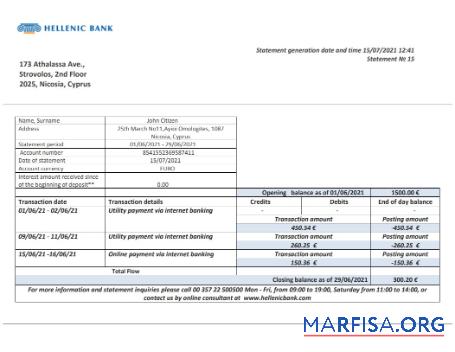 Printable Cyprus Hellenic bank statement word 2 pages example